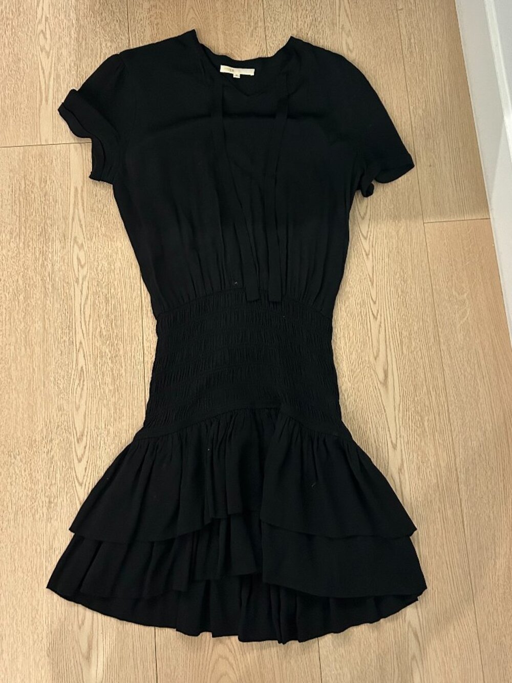 Maje Black Roboa Ruffle Shortsleeved Mini Tie Neck Smocked Dress